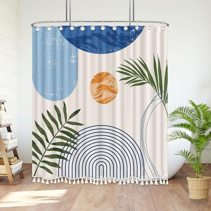 Boho Mid Century Leaf Shower Curtain Set,Arch Sun Design,Minimalistic Leaves Pattern,Waterproof and Luxurious Fabric-12 Hooks(Light Blue-72" x 72")