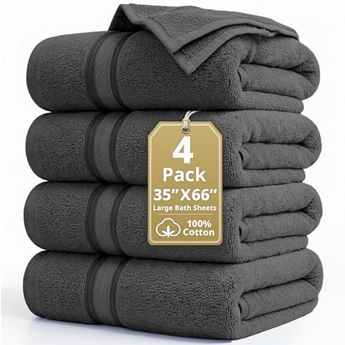 LANE LINEN Bath Sheet Set 4 Pack Oversized Soft Absorbent Quick Dry - Grey