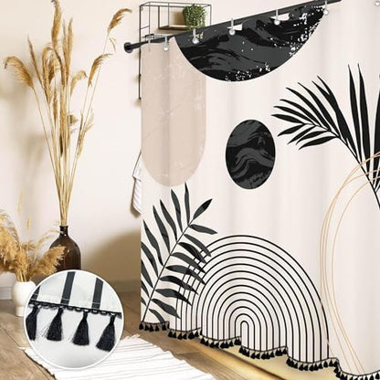 Boho Mid Century Leaf Shower Curtain Set,Arch Sun Design,Minimalistic Leaves Pattern,Waterproof and Luxurious Fabric-12 Hooks(Black and White-72" x 96")