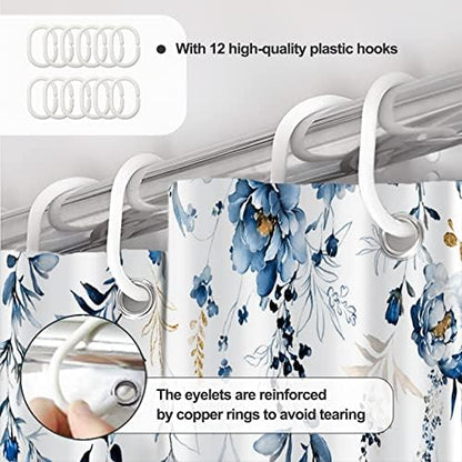AWERT Blue Plants Shower Curtain with Hooks Watercolor Floral Printed Shower Curtain for Bathroom Washable Bathroom Accessories Bathtub Decor 72x78inch