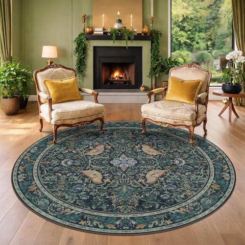 Washable 5ft Area Round Rug for Reading Corner - Vintage Floral & Bird Circular Rug for Kids Bedroom, Dining Room, Home Office, Blue and Green Low Pile for Small Living Room, Boho Anti-Slip Backing