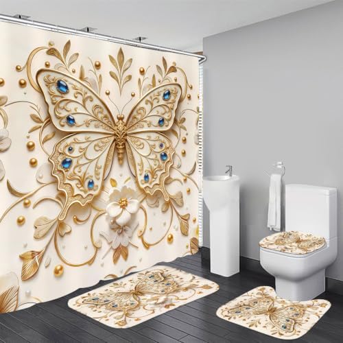 Chrainy 4pcs Golden Butterfly Shower Cutain Set Bathroom Decor Accessories