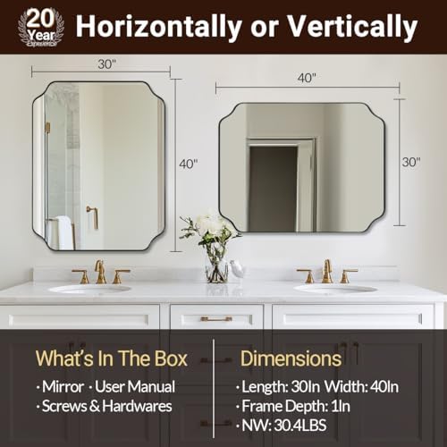 ANDY STAR 30x40 Inch Matte Black Mirror, Unique Rectangle Mirror for Vanity, Bathroom Mirror in Premium Stainless Steel Metal Thin Frame Deep 1’’, Large Wall-Mounted Mirror(Horizontal/Vertical)