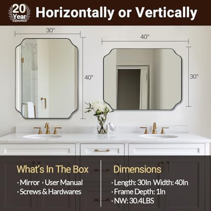 ANDY STAR 30x40 Inch Matte Black Mirror, Unique Rectangle Mirror for Vanity, Bathroom Mirror in Premium Stainless Steel Metal Thin Frame Deep 1’’, Large Wall-Mounted Mirror(Horizontal/Vertical)