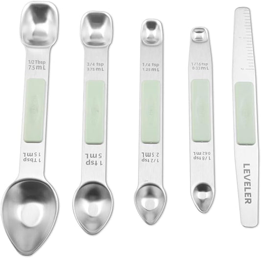 Stainless Steel Magnetic Measuring Spoons Set, Heavy Duty Metal Kitchen Gadgets for Baking & Cooking, Fits in Most Kitchen Spice Jars, Set of 4 with Leveler (Mint green)
