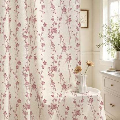 Gibelle Pink Farmhouse Linen Shower Curtain, Boho Floral Fabric, 72 x 78