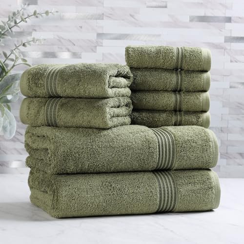 Superior Egyptian Cotton 8-Piece Towel Set, Assorted Towels, Home Bathroom, Master, Guest Bath, Decor Essentials, Includes 2 Bath, 2 Hand, 4 Face Towels/Washcloths, Quick Dry, Absorbent, Forest Green