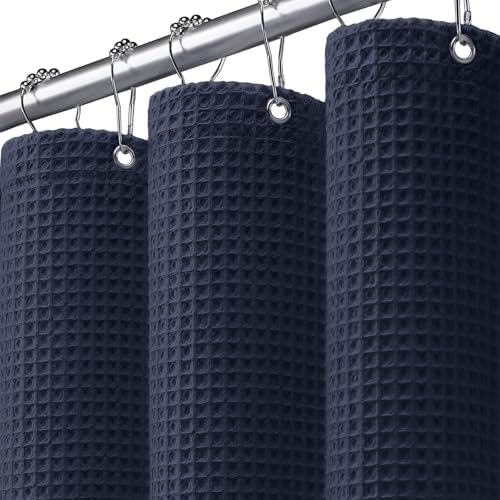 Waffle Weave Shower Curtain Heavyweight Cotton Fabric Navy Blue 72Wx75L
