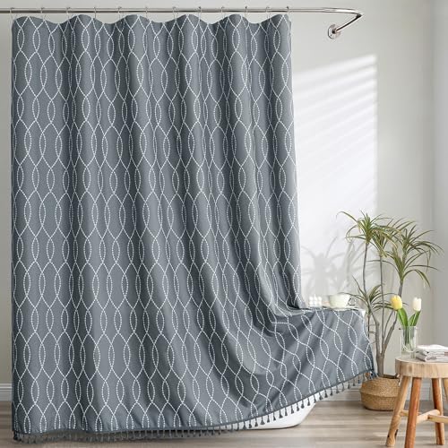 OVZME Dark Grey Shower Curtain for Bathroom, Puff Printed Textured Shower Curtain with Tassels, Rustic Geometry Heavy Duty Vintage Country Bathroom Curtain, Water Resistant Fabric, 72Wx72L Inches