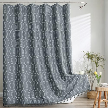OVZME Dark Grey Shower Curtain for Bathroom, Puff Printed Textured Shower Curtain with Tassels, Rustic Geometry Heavy Duty Vintage Country Bathroom Curtain, Water Resistant Fabric, 72Wx72L Inches