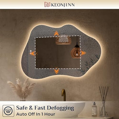 Keonjinn Irregular Backlit Bathroom Mirror 30 x 36 Inch, HD Tempered Glass