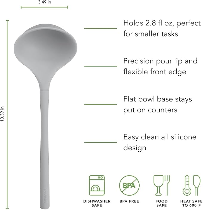 Tovolo Flex Core Small Silicone Ladle Oyster Gray Heat Safe Silicone Soup Ladle BPA Free, Dishwasher Safe Small Kitchen Ladle with Precision Pour Lip for Serving Sauces Soups Gravies