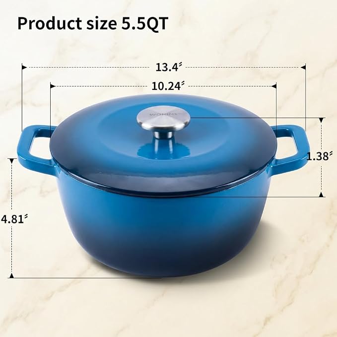 5.5QT Enamel Cast Iron Dutch Oven with Lid,Dual Handles,Versatile Heavy-Duty Non-toxic Cookware for Sourdough Bread Baking,Braising,Stews,Roasting,Oven Safe up to 500°F blue