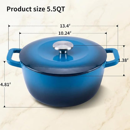 5.5QT Enamel Cast Iron Dutch Oven with Lid,Dual Handles,Versatile Heavy-Duty Non-toxic Cookware for Sourdough Bread Baking,Braising,Stews,Roasting,Oven Safe up to 500°F blue