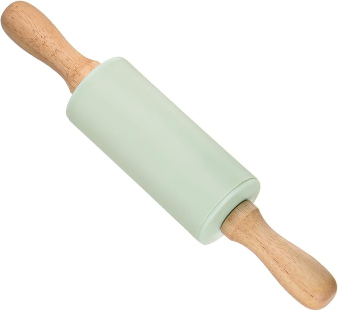 Silicone Rolling Pins, 9.25" Length, Silicone & Oak Non-Stick Ergonomic Wooden Handle Fondant Dough Roller Light Green - (Applications: for Baking DIY Projects)