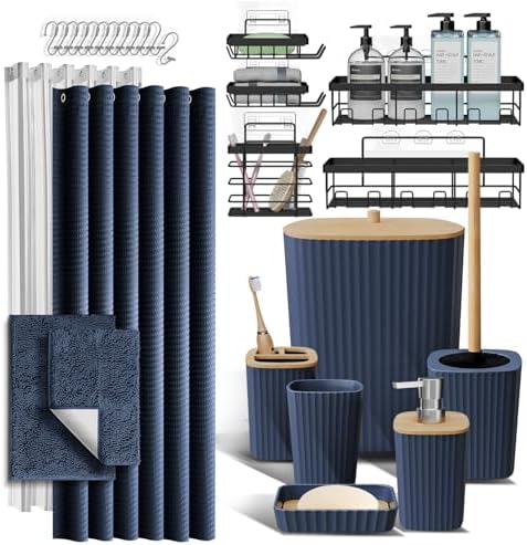 Clara Clark Bathroom Accessories Set - 27PC Bathroom Set with Adhesive Corner Shower Caddy Hanging, Bathroom Sets with Shower Curtain and Rugs, Navy Blue Shower Curtain Set with Bathroom Trash Can