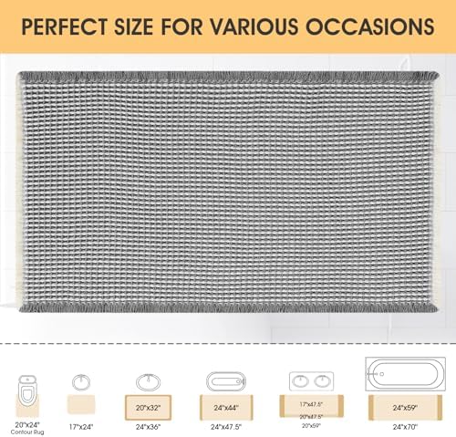 IM HOME Waffle Bath Mat Darkgrey & Cream 32"x20", Boho Woven Modern Bath Mat Rugs, Absorbent Non Slip Bathroom Rugs, Soft Washable Bath Rugs with Tassels for Bedroom, Kitchen, Shower, Tub