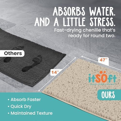 ITSOFT Large Plush Bathroom Rug 47"x21", Absorbent Machine Washable Non Slip Chenille Bath Mats, Quick Dry Bathmat, Bath Rugs for Bath, Shower, Bedroom, or Door Mat, Beige