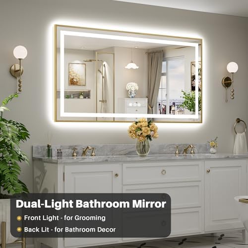 66x36 Inch LED Bathroom Mirror with Gold Frame, Backlit & Front Lit