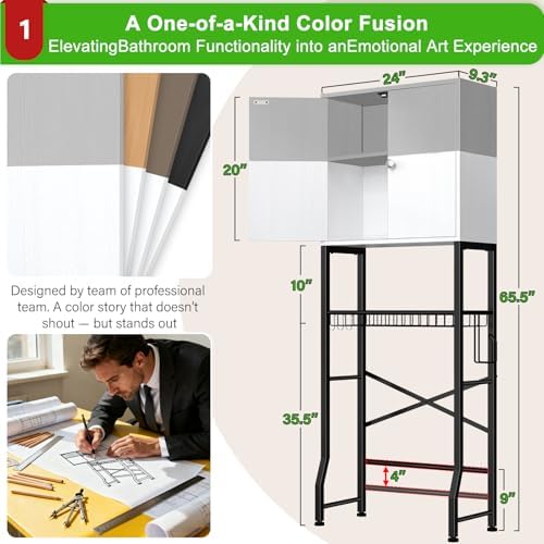 Over-The-Toilet Storage Rack, 4-Tier Bathroom Organizer Shelf Over Toilet with Barn Doors Cabinet and Basket, Freestanding Space Saver Bathroom Shelves with Paper Holder Above Toilet (Gray & White)