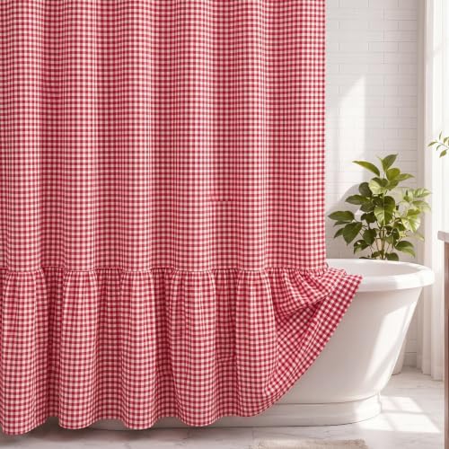 HunnmingRe Ruffle Hem Gingham Shower Curtain Red