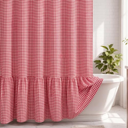 HunnmingRe Ruffle Hem Gingham Shower Curtain Red