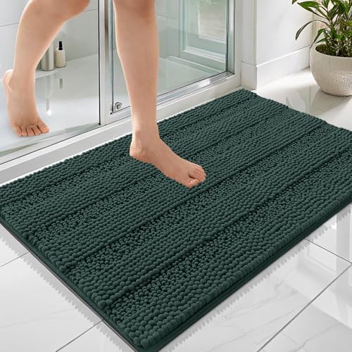 OLANLY Thick Bathroom Rugs 36x24, Soft Chenille Bath Rugs, Blackish Green