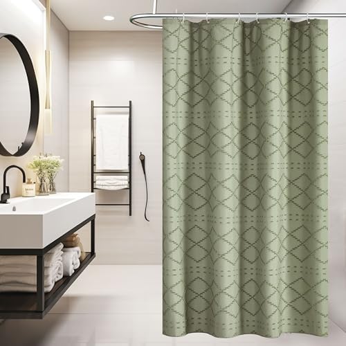 Small Stall Boho Shower Curtain - Sage Green Tassle Woven Fabric - 36 x 72 Half Size - Tufted Chevron Striped Textured Modern Farmhouse Minimalist Cloth Shower Curtain for Bathroom