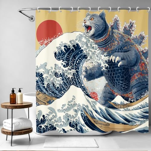 Aimego Funny Cat Shower Curtain Japanese Nautical Anime Ocean Sea Wave Cool Unique Asian Whimsical Humorous Bathroom Decor Bathtub Curtain Fabric Shower Curtain Set with 12 Hooks, 72"x72"