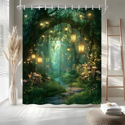 Fantasy Forest Path Shower Curtain Fairy Magical Enchanted Misty Jungle Mushroom Floral Tree Butterfly Lantern Wonderland Bath Curtain Fabric Bathroom Accessories Decor with Hooks 60W x70L