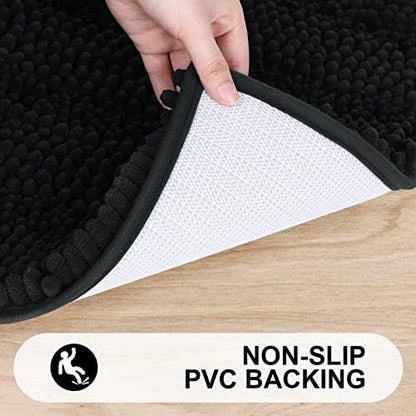 Grandaily Chenille Striped Bathroom Rugs 70x24, Extra Thick and Absorbent Bath Mats, Non-Slip Soft Plush Shaggy Shower Carpet, Machine Wash Dry, Bath Rug for Bathroom, Black