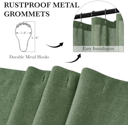 KGORGE Linen Fabric Shower Curtain Set-Semi Sheer Lightweight Waterproof Thick Cloth Neutral Washable Shower Curtains for Bathroom Bathtub Decor, Forest Green, W72 x L84, 12 Hooks Included, 1 Panel