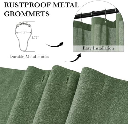 KGORGE Forest Green Shower Curtain for Bathroom, Linen Fabric Semi Sheer Lightweight Waterproof Thick Neutral Button Hole Shower Curtains for Bathtub, 72 x 72 inches Long, 12 Hooks Included, 1 Panel