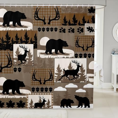 Feelyou Rustic Plaid Shower Curtain Lodge Cabin Bear Bath Curtain for Stalls Bathtubs Country Elk Moose Bathroom Accessories Woodland Brown Waterproof Polyester Fabric with 12 Hooks 72"x72"