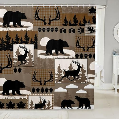 Feelyou Rustic Plaid Shower Curtain Lodge Cabin Bear Bath Curtain for Stalls Bathtubs Country Elk Moose Bathroom Accessories Woodland Brown Waterproof Polyester Fabric with 12 Hooks 72"x78"