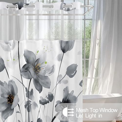 No Hook Shower Curtain and Liner Set, Black Boho Floral 71x77