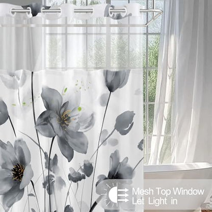 No Hook Shower Curtain and Liner Set, Black Boho Floral 71x74