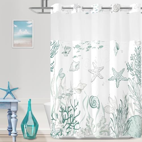 No Hook Shower Curtain and Liner Set, Green Beach Coastal 71x74