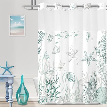 No Hook Shower Curtain and Liner Set, Green Beach Coastal 71x74