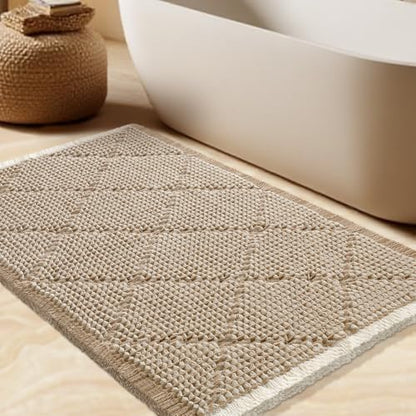 Waffle Bath Mat, Boho Woven Modern Bath Rug Absorbent Non Slip, Ultra Soft Bathroom Mats, Machine Washable Knit Bath Rugs with Rhombus for Bathroom, Bedroom, Kitchen, Shower, 36"x24", Beige & White