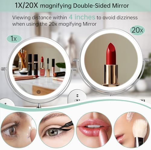 FUNTOUCH 2500mAh Rechargeable Wall Mounted Lighted Makeup Mirror 1X/20X