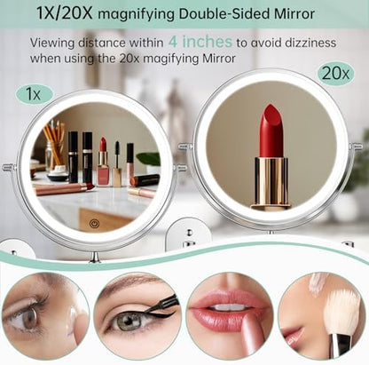FUNTOUCH 2500mAh Rechargeable Wall Mounted Lighted Makeup Mirror 1X/20X
