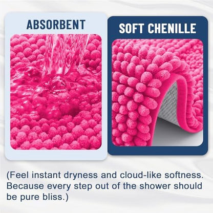 Grandaily Chenille Striped Bathroom Rugs 30x20, Extra Thick and Absorbent Bath Mats, Non-Slip Soft Plush Shaggy Shower Carpet, Machine Wash Dry, Bath Rug for Bathroom, (Medium, Deep Pink)