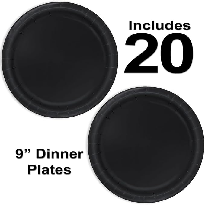 Heavy Duty Black Paper Plate Party Supplies Bundle 9" Dinner plate, 7" Dessert Plates And Napkins, 56 Piece Disposable Paper Party Plate Set
