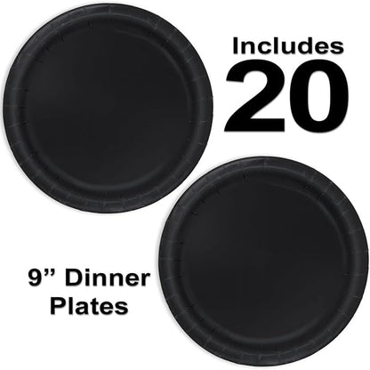Heavy Duty Black Paper Plate Party Supplies Bundle 9" Dinner plate, 7" Dessert Plates And Napkins, 56 Piece Disposable Paper Party Plate Set