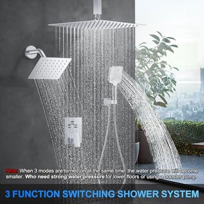 Shower Faucet Set, 12" Ceiling Mount Rainfall Shower System with 2 Rain Shower Head and Multi-function Handheld Head Push Button Diverter Shower Faucet Trim Kit (12", Polished Chrome)