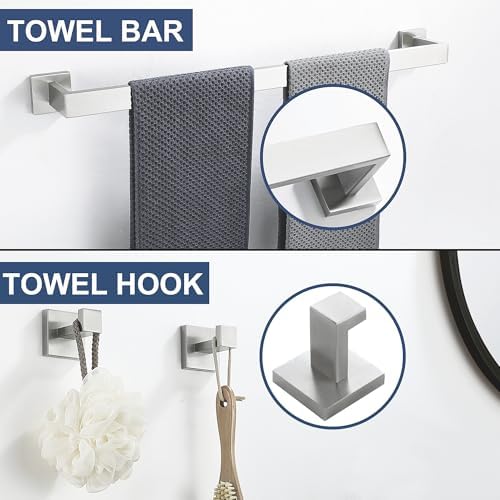 5 Piece Bathroom Hardware Accessories - Brushed Nickel, 24Inch Towel Racks, Stainless Steel Square Towel Bar Set, Wall Mounted