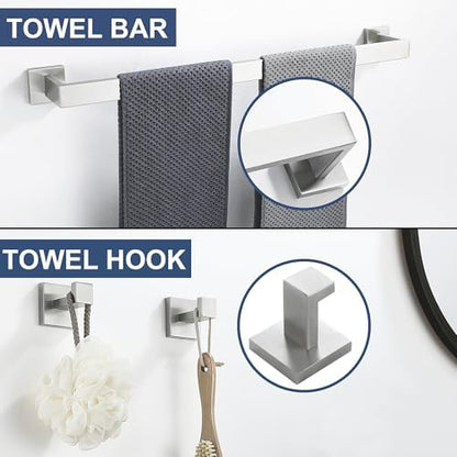 5 Piece Bathroom Hardware Accessories - Brushed Nickel, 24Inch Towel Racks, Stainless Steel Square Towel Bar Set, Wall Mounted