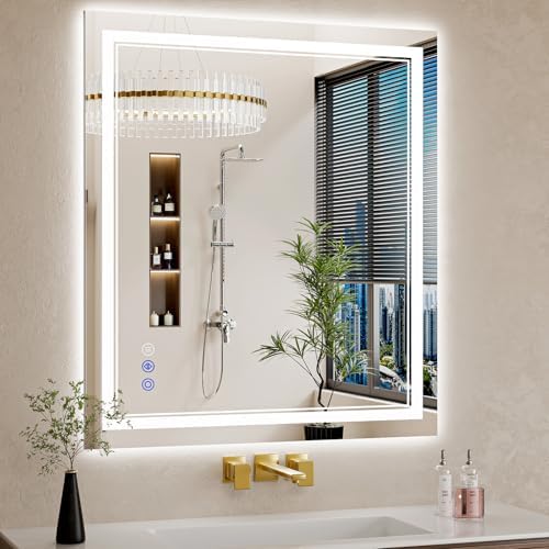 32"x36" LED Bathroom Mirror with Lights, Anti-Fog, Backlit + Front Lit, Dimmable, Lighted Bathroom Mirror, 3 Colors, Shatter-Proof Tempered Glass