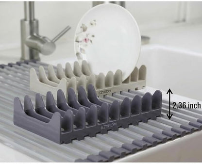 Small Roll Up Dish Drying Rack (9" x 13") - Fits Sink Openings up to 8.5", Narrow Sink Only, Square Bar, Rust-Proof, with Dish Holder (Purple Gray)